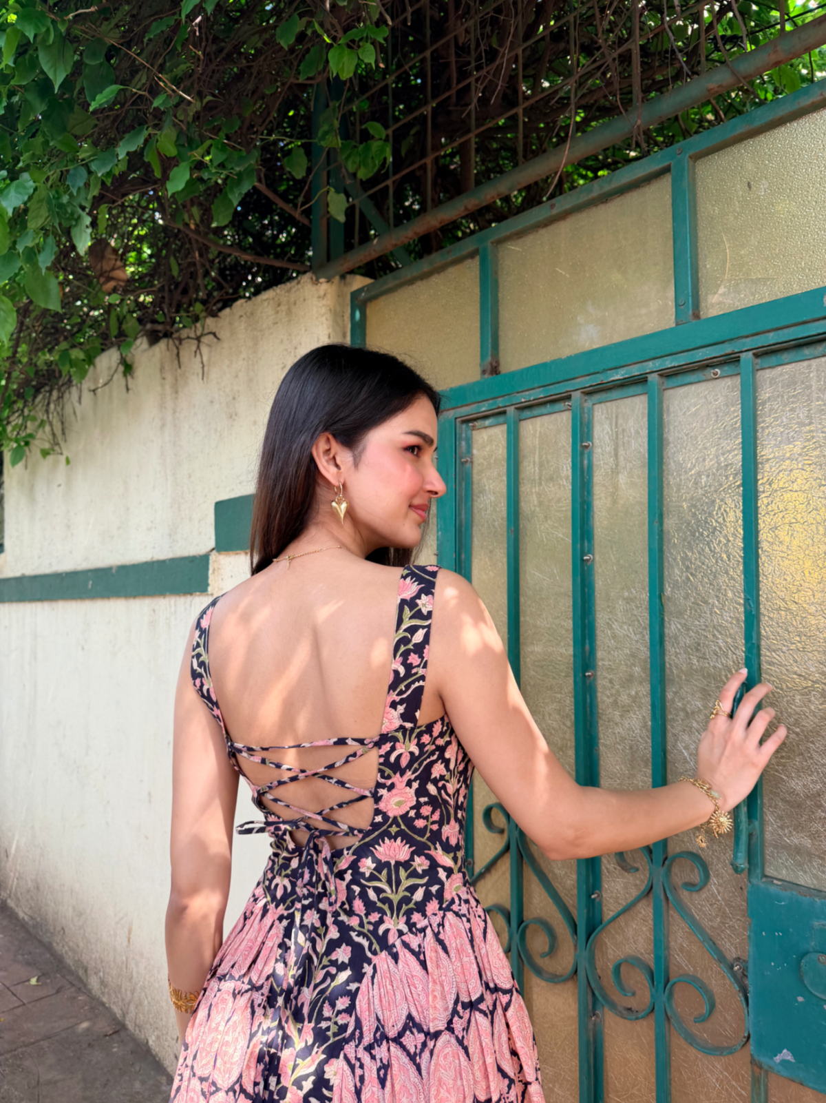 Black & Pink Floral Cotton Maxi Dress with Back Tie-Up & Side Zipper