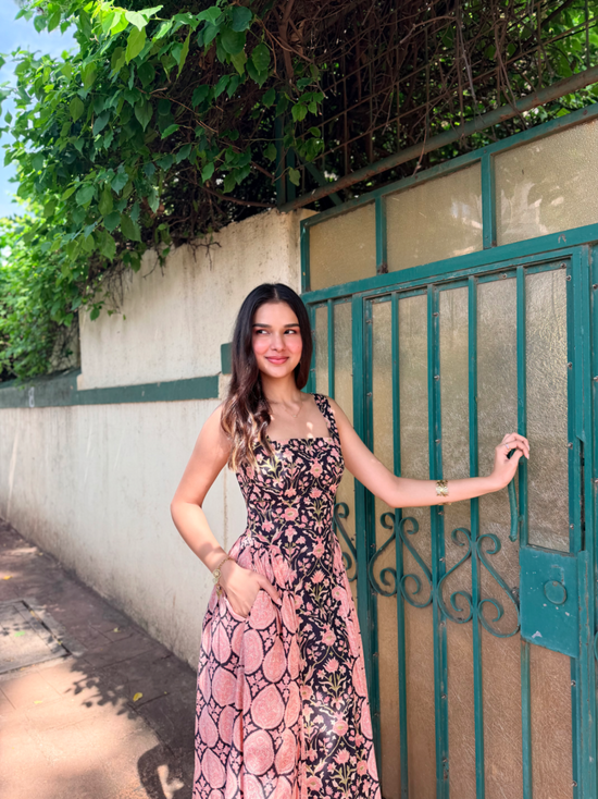 Black & Pink Floral Cotton Maxi Dress with Back Tie-Up & Side Zipper