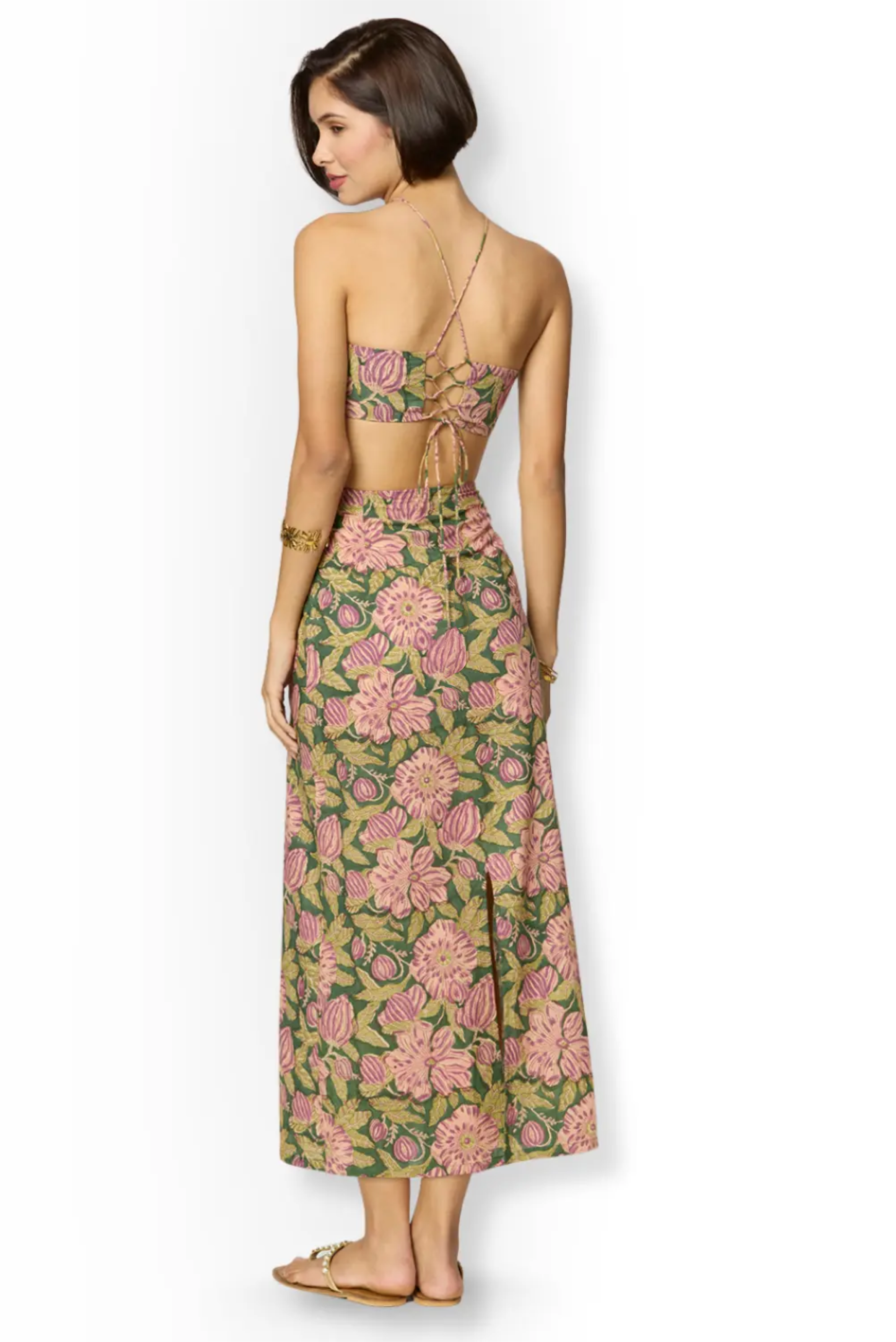 Olive Green & Purple Floral Tie-Up Cotton Maxi Dress with Slit