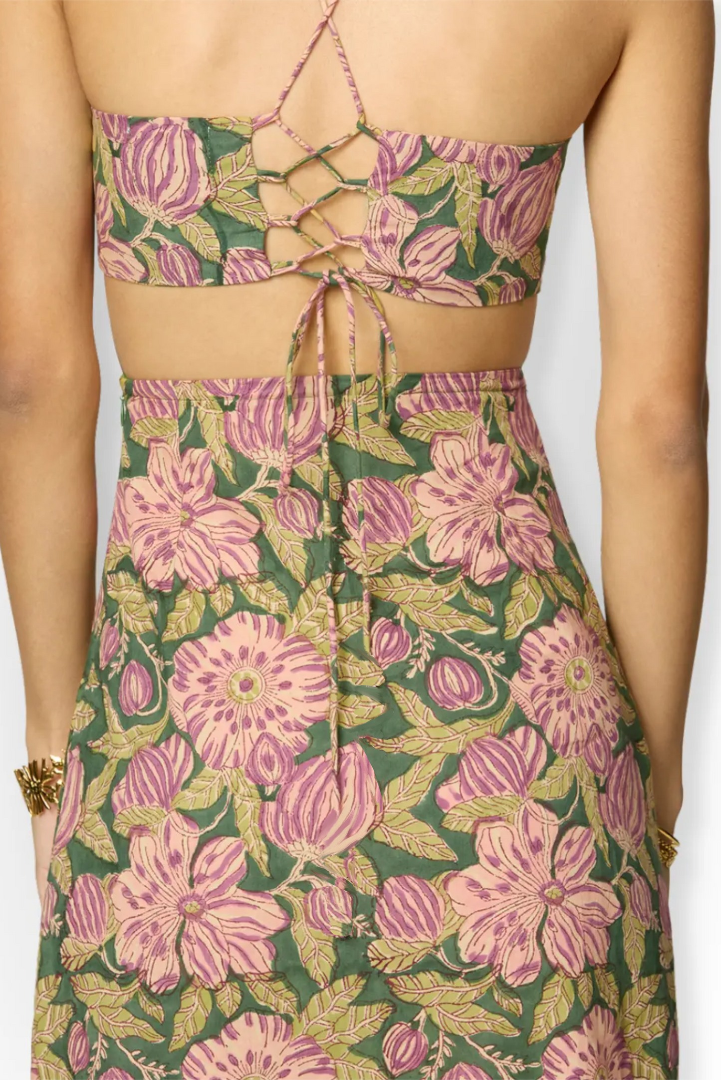 Olive Green & Purple Floral Tie-Up Cotton Maxi Dress with Slit