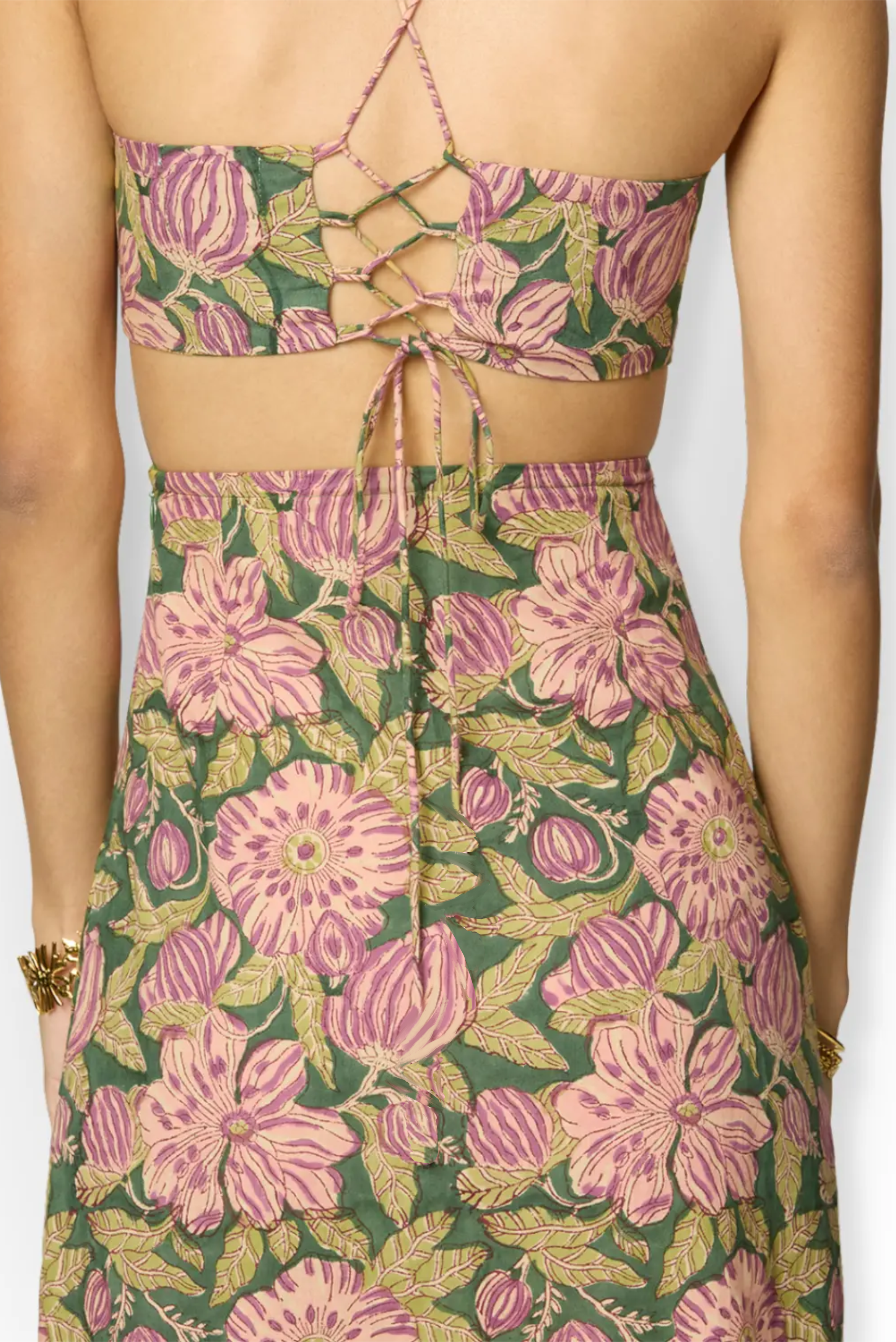 Olive Green & Purple Floral Tie-Up Cotton Maxi Dress with Slit