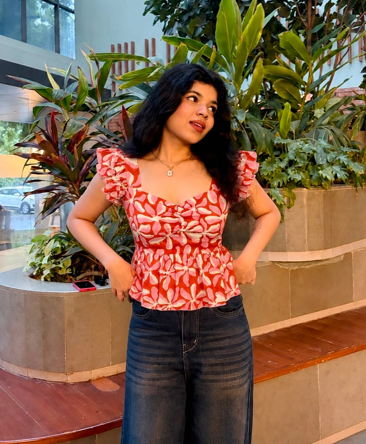 Orange & White Floral Peplum Top with Back Smocking