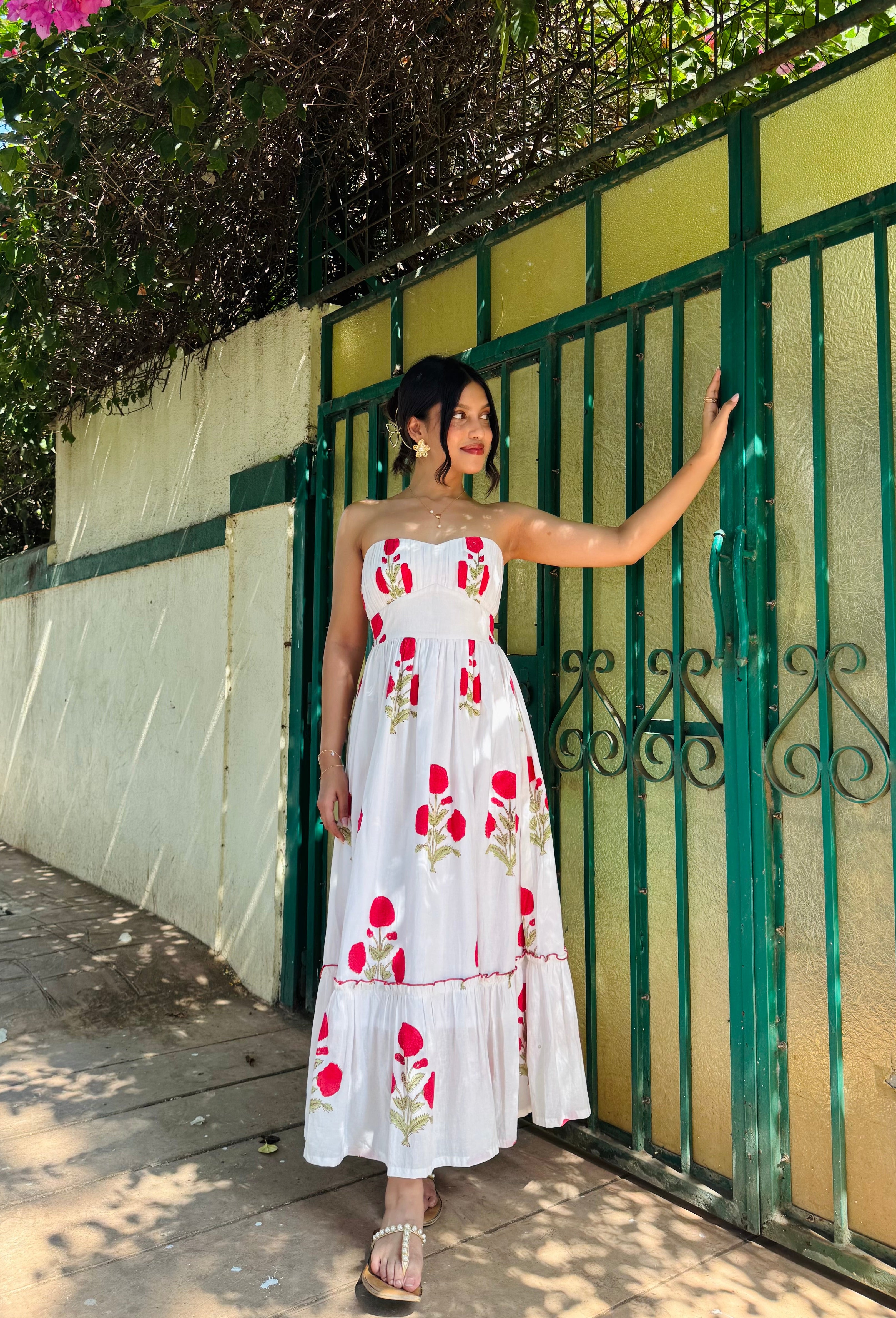 White & Red Floral Hand Block Printed Tube Dress Spring Summer - 25