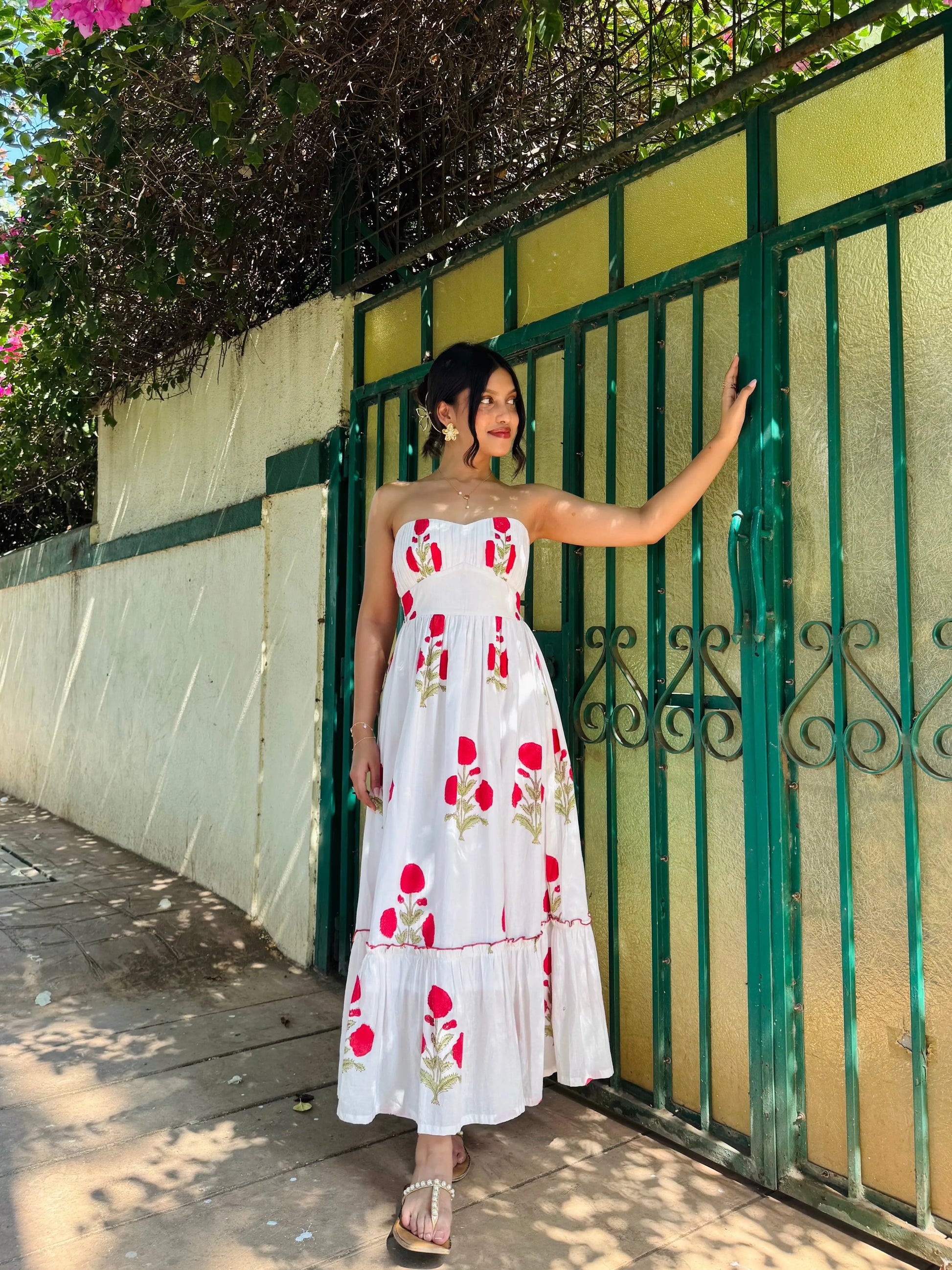 White & Red Floral Hand Block Printed Tube Maxi Dress Spring Summer - 25