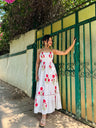 White & Red Floral Hand Block Printed Tube Maxi Dress Spring Summer - 25