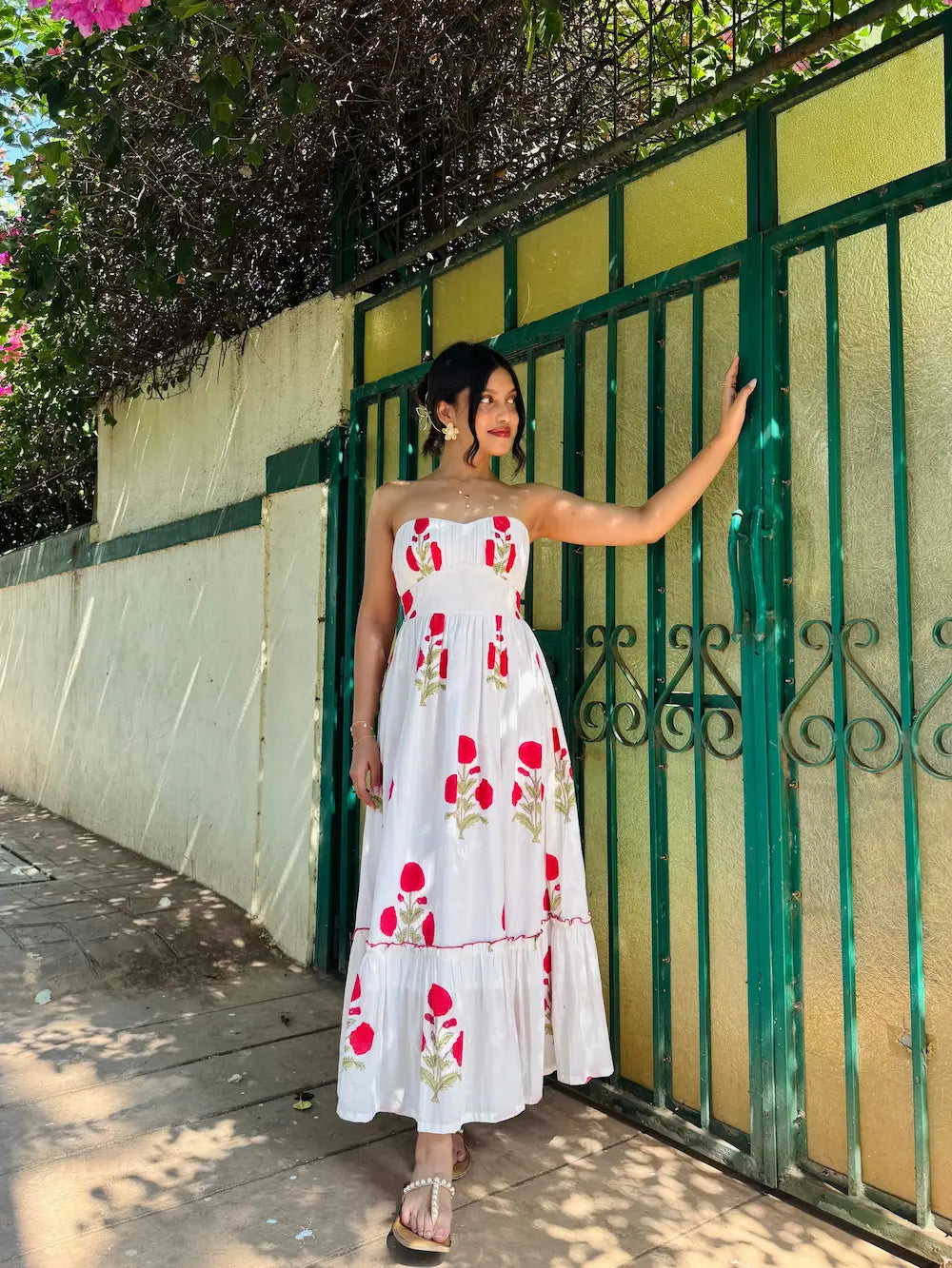 White & Red Floral Hand-Block Print Cotton Tube Maxi Dress