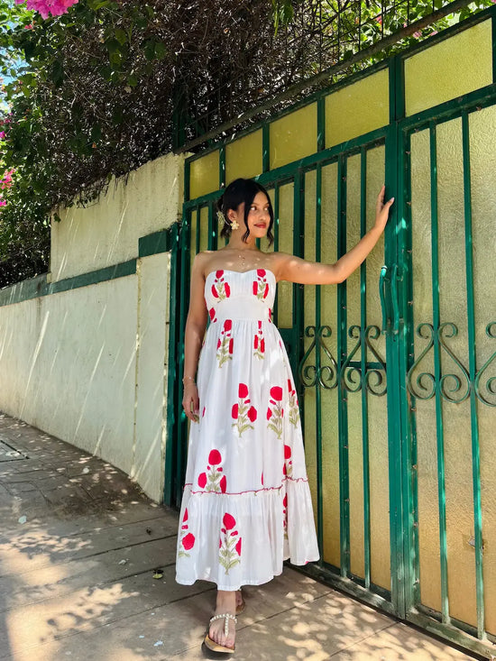White & Red Floral Hand-Block Print Cotton Tube Maxi Dress