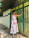 White & Red Floral Hand-Block Print Cotton Tube Maxi Dress