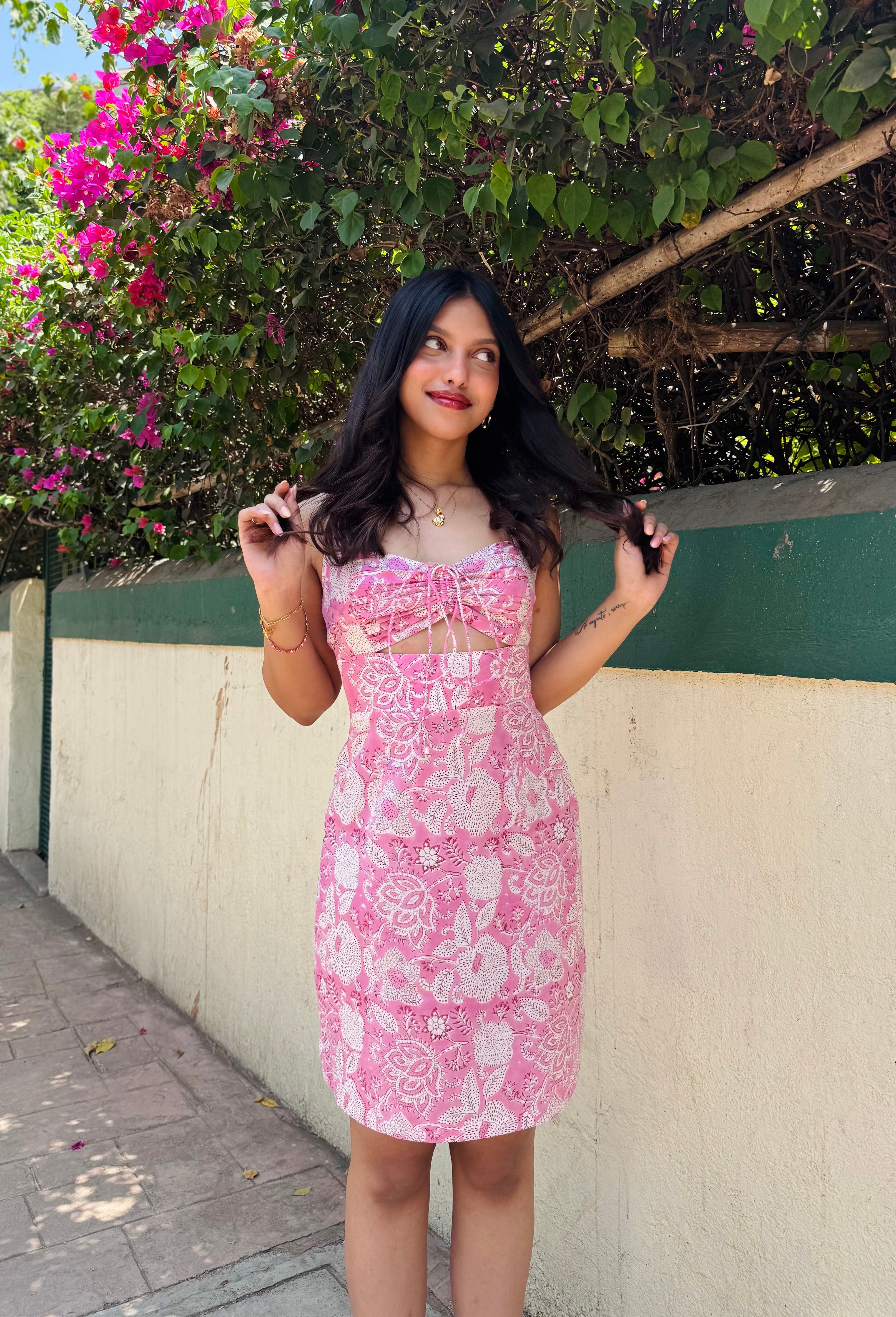 Pink & White Floral Printed Sweetheart Neckline Short Dress Spring Summer - 25