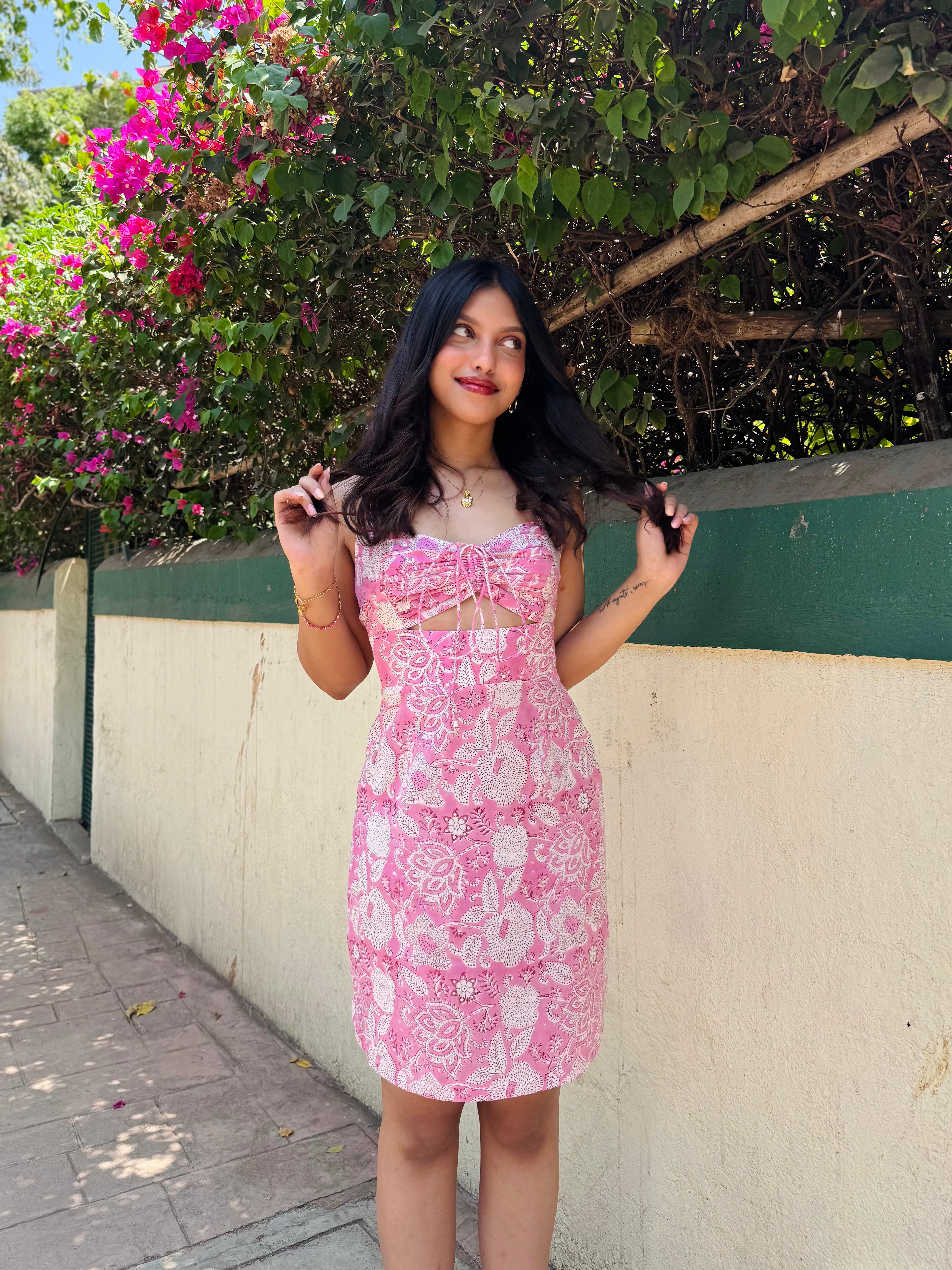 Pink & White Floral Printed Sweetheart Neckline Short Dress Spring Summer - 25