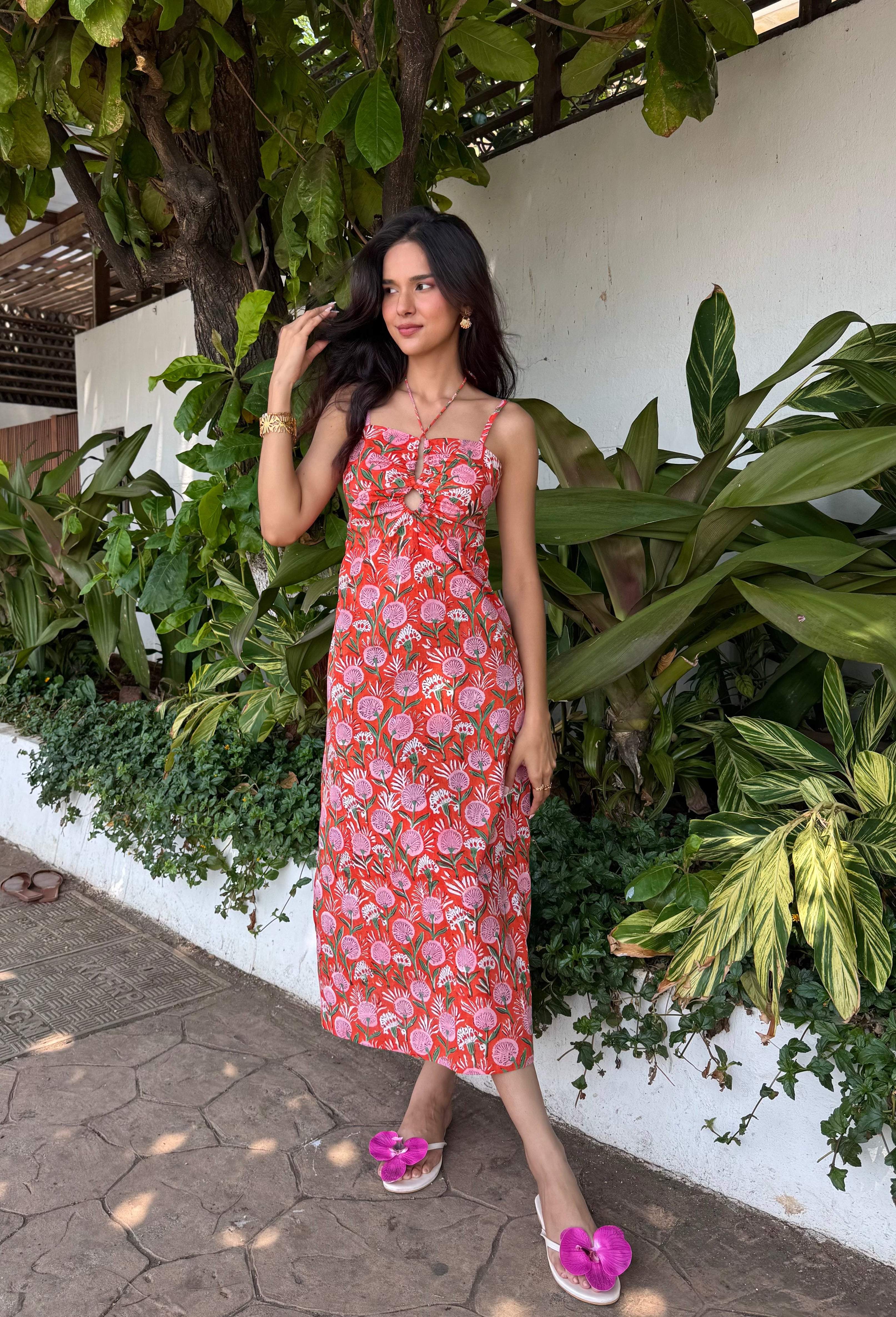 Orange & Pink Floral Hand Block Print A-Line Maxi Dress Spring Summer - 25