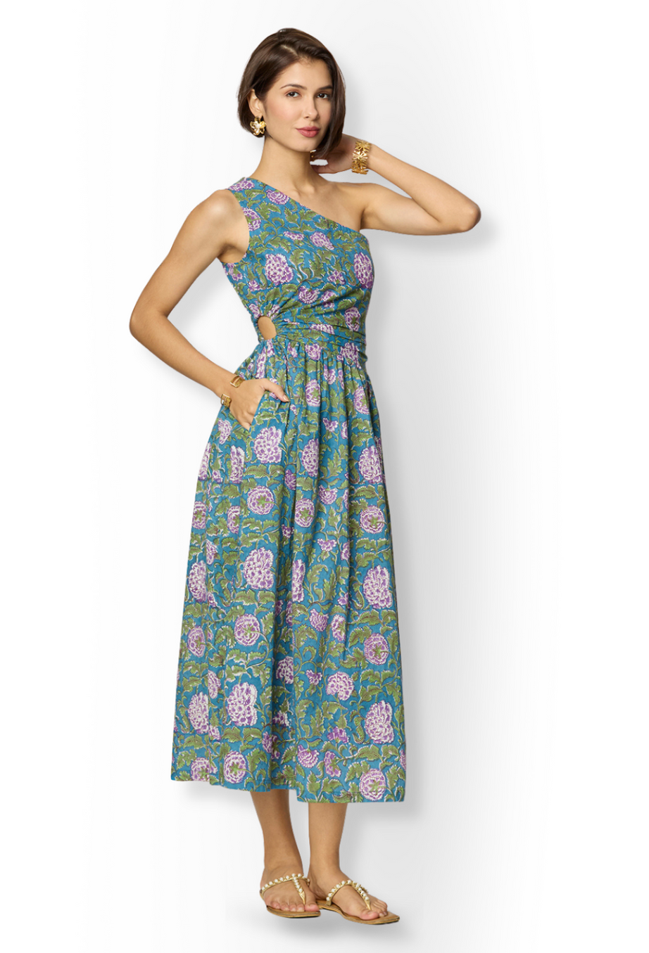 Asymmetrical Blue & Green Floral Slit Dress