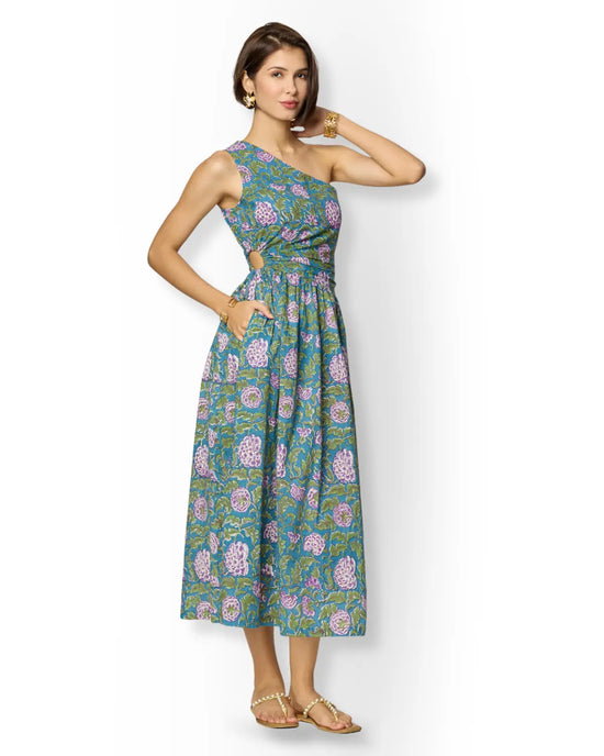 Asymmetrical Blue & Green Floral One Shoulder Maxi Dress with Slit Beat the October Heat