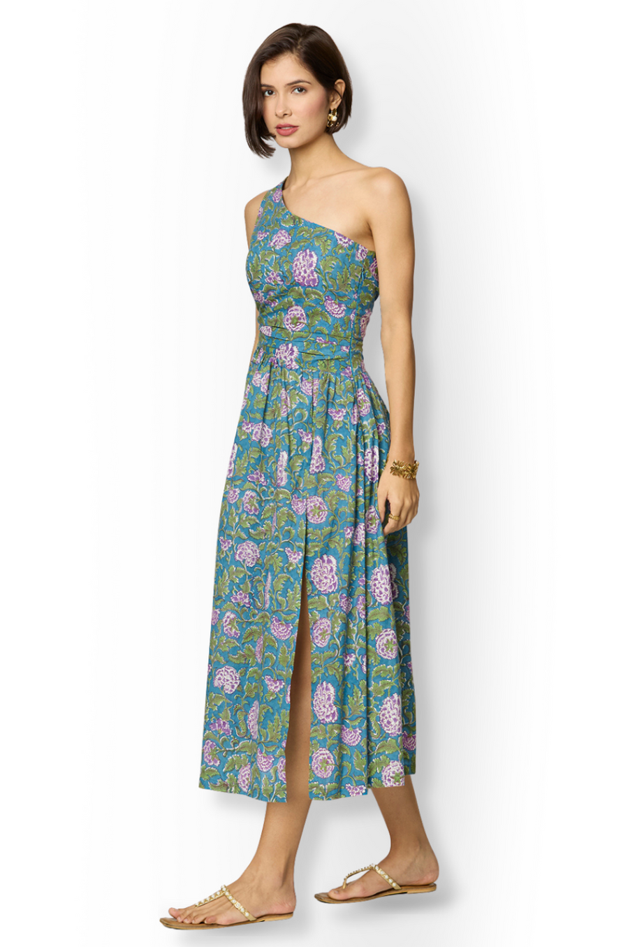 Asymmetrical Blue & Green Floral Slit Dress