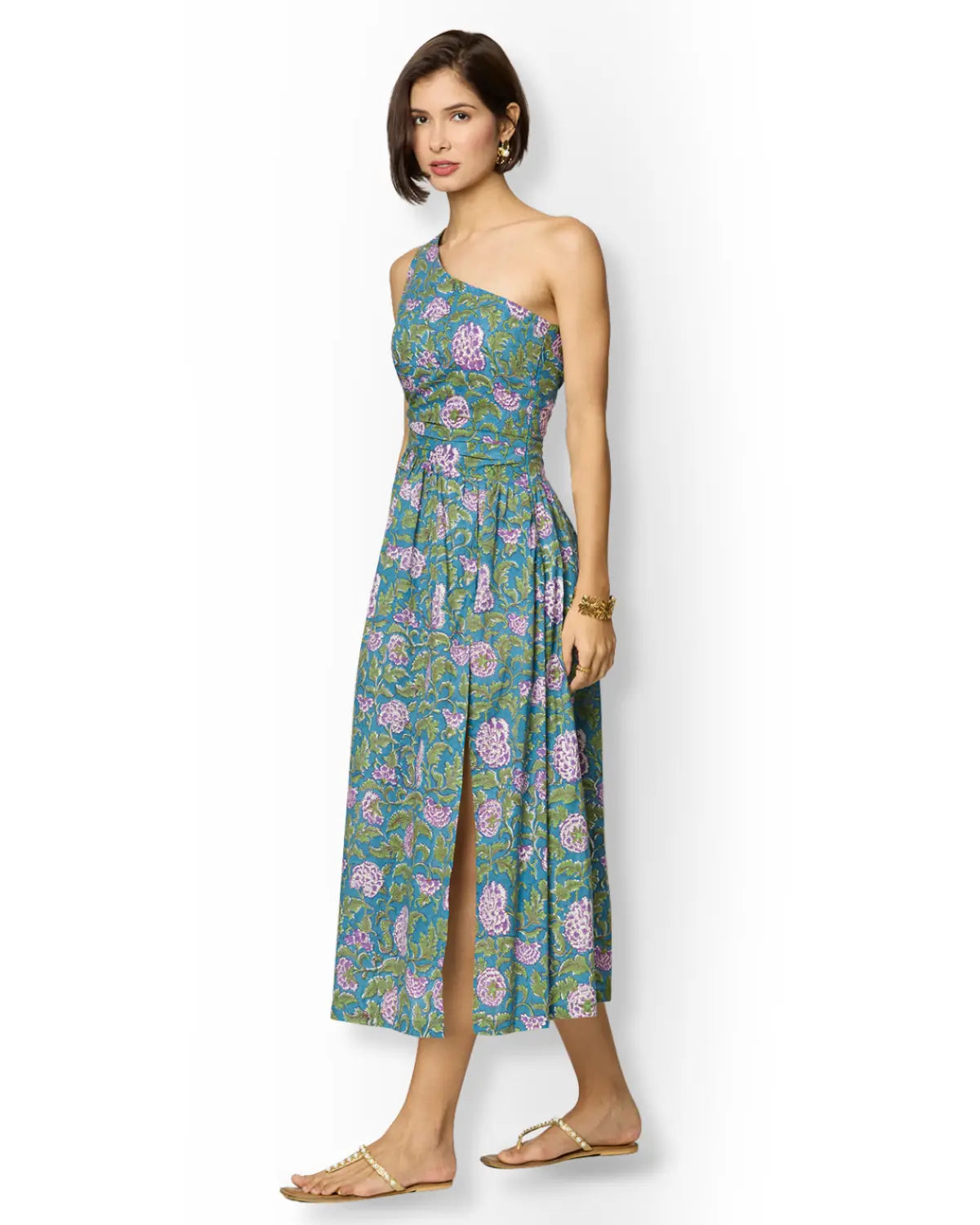 Asymmetrical Blue & Green Floral One Shoulder Maxi Dress with Slit Beat the October Heat