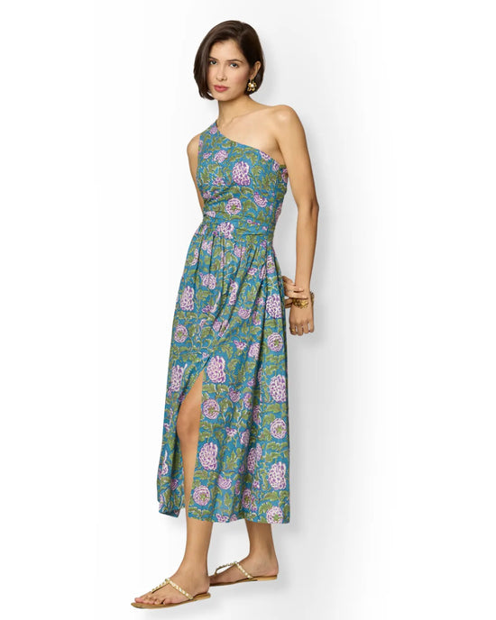 Asymmetrical Blue & Green Floral One Shoulder Maxi Dress with Slit Beat the October Heat