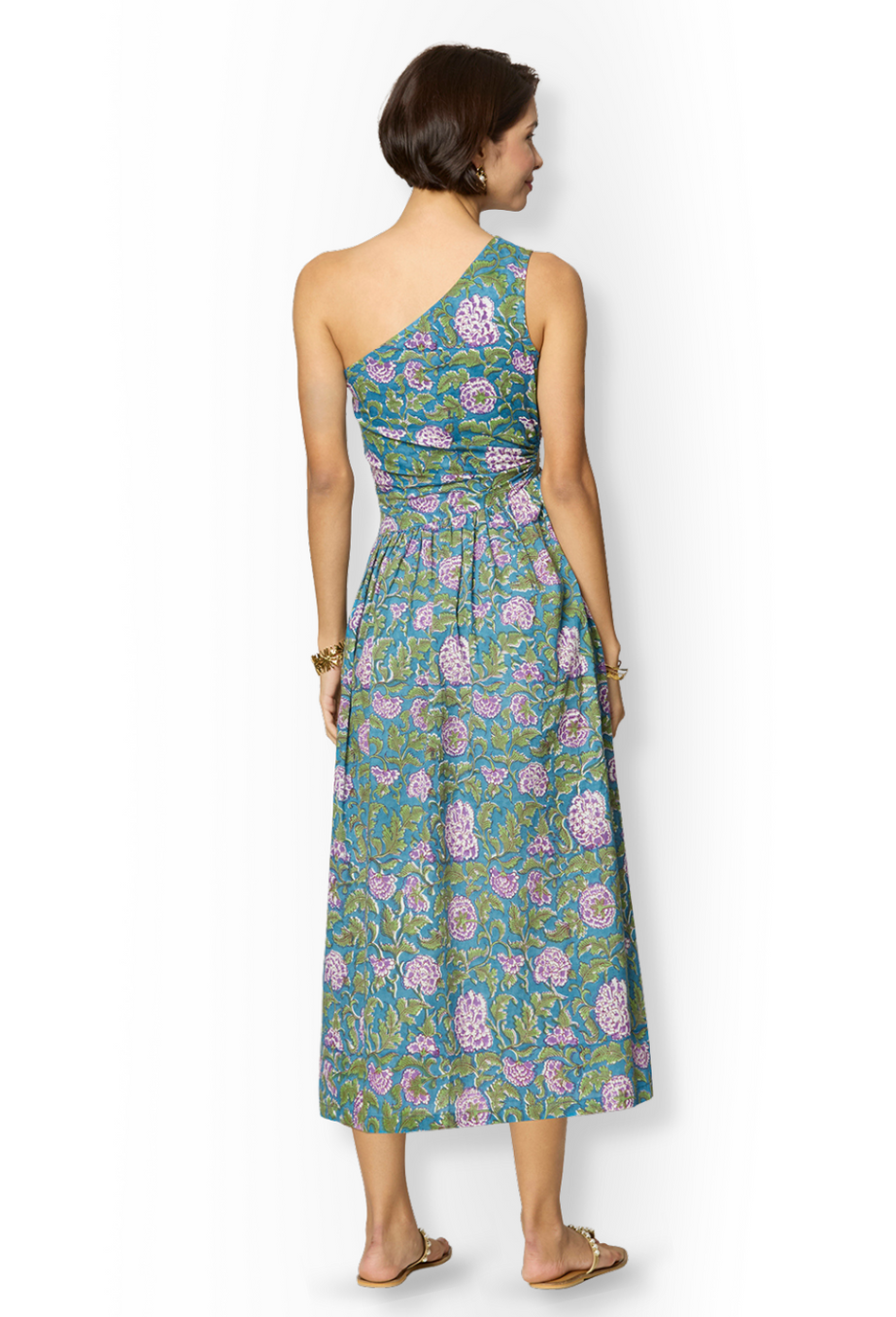 Asymmetrical Blue & Green Floral Slit Dress