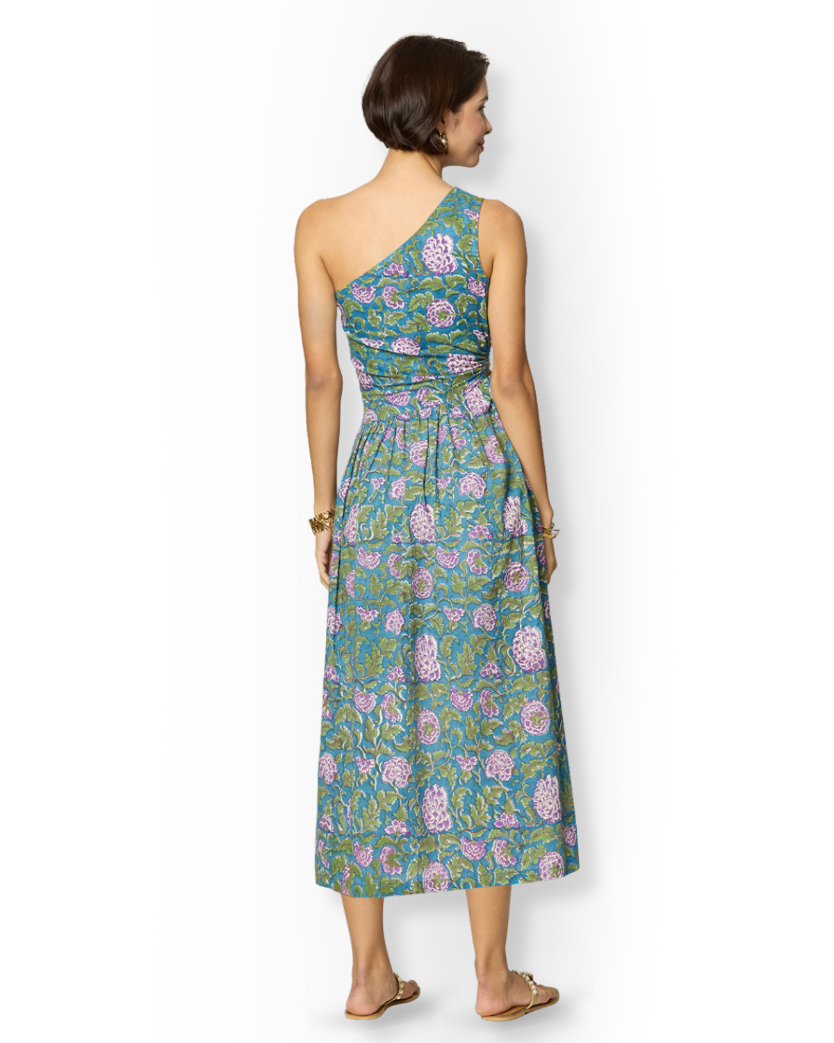 Asymmetrical Blue & Green Floral Slit Dress