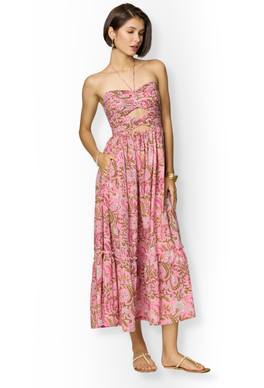 Pink and Green Floral Printed Maxi Dress with Front Cut-Outs