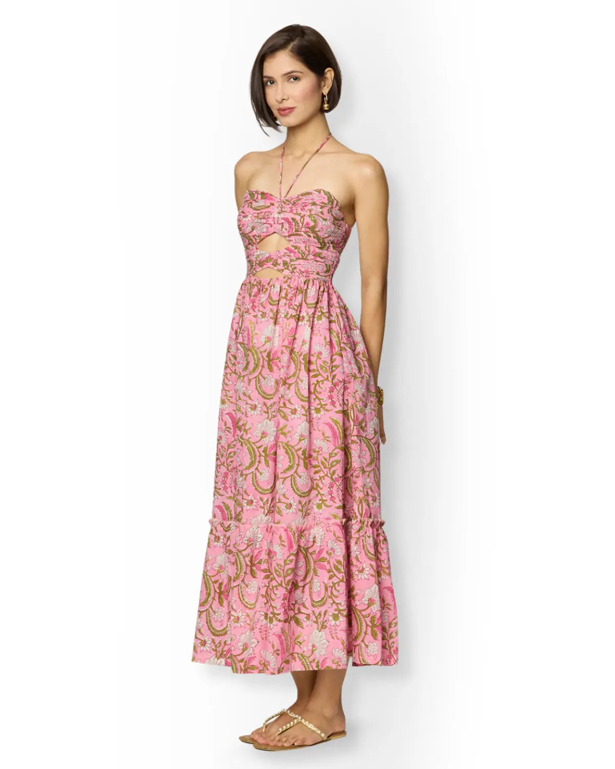 Pink and Green Floral Printed Maxi Dress with Front Cut-Outs Beat the October Heat