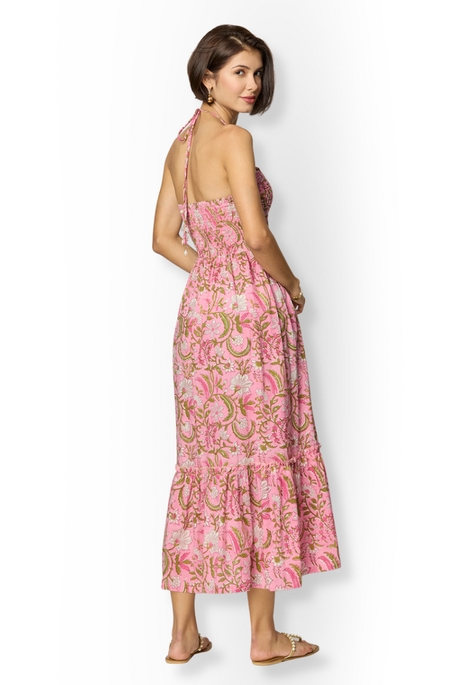Pink and Green Floral Printed Maxi Dress with Front Cut-Outs