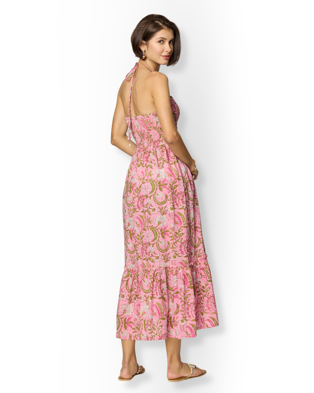 Pink and Green Floral Printed Maxi Dress with Front Cut-Outs