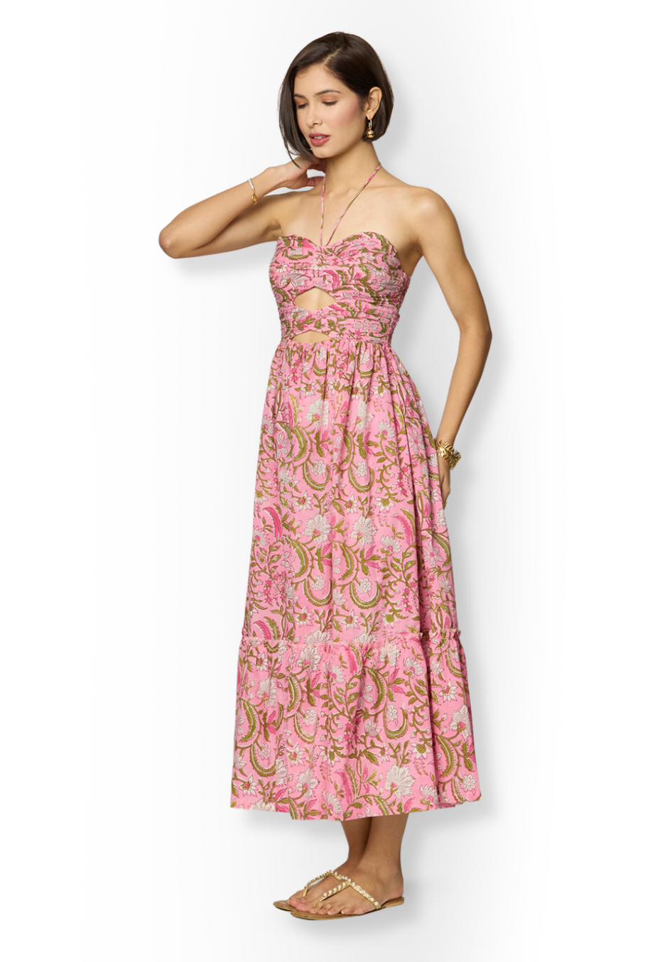 Pink and Green Floral Printed Maxi Dress with Front Cut-Outs