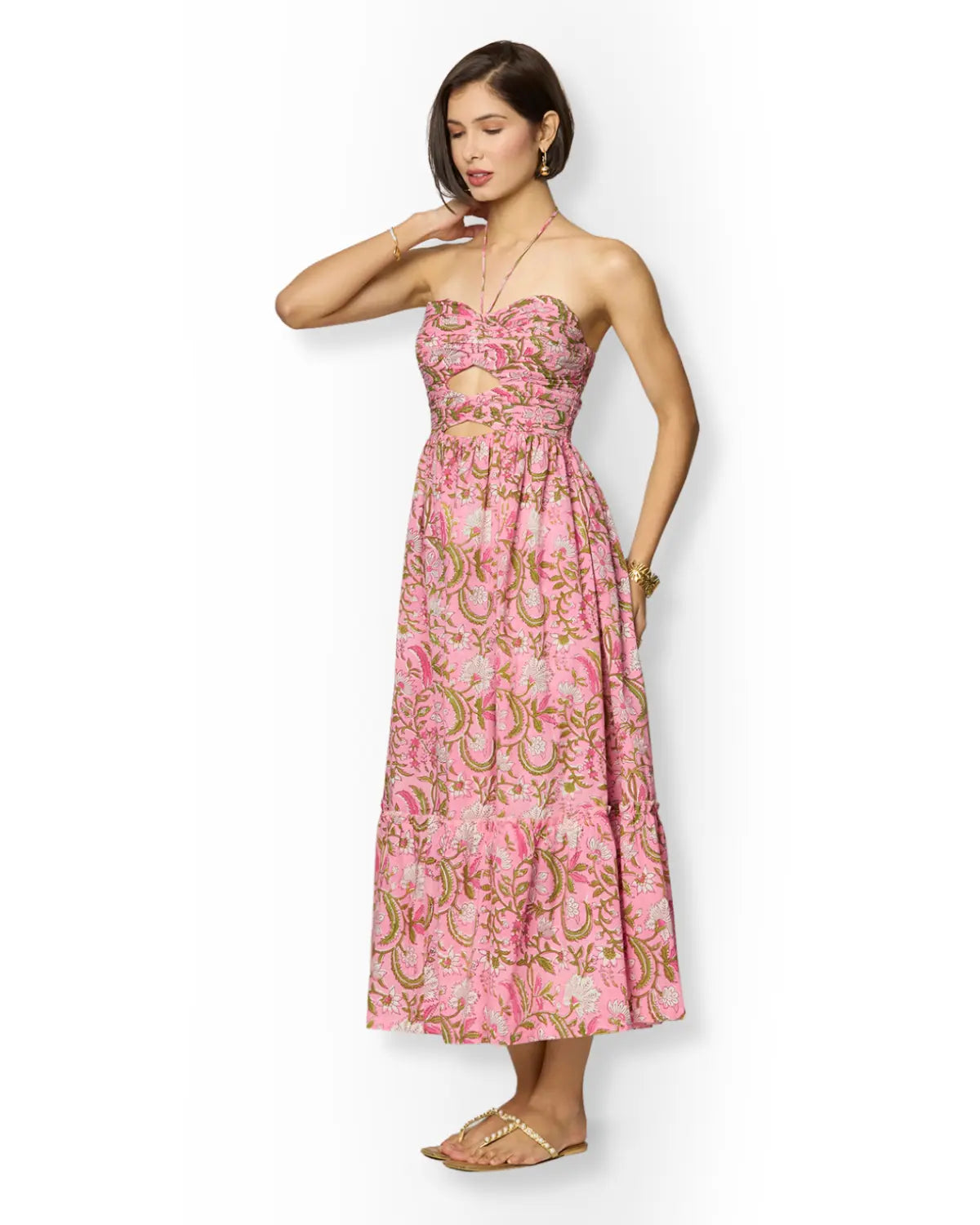 Pink and Green Floral Printed Maxi Dress with Front Cut-Outs Beat the October Heat