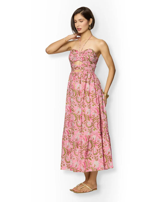 Pink and Green Floral Printed Maxi Dress with Front Cut-Outs Beat the October Heat