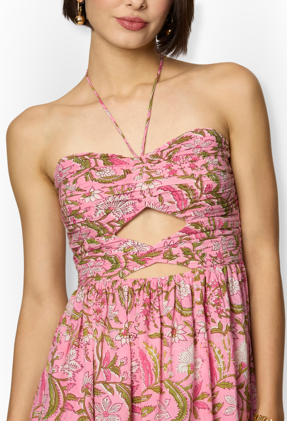 Pink and Green Floral Printed Maxi Dress with Front Cut-Outs