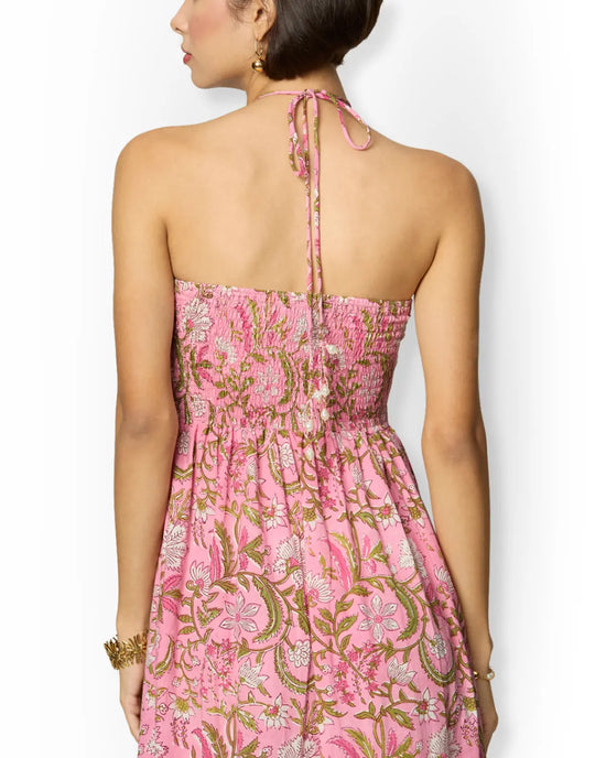Pink and Green Floral Printed Maxi Dress with Front Cut-Outs Beat the October Heat