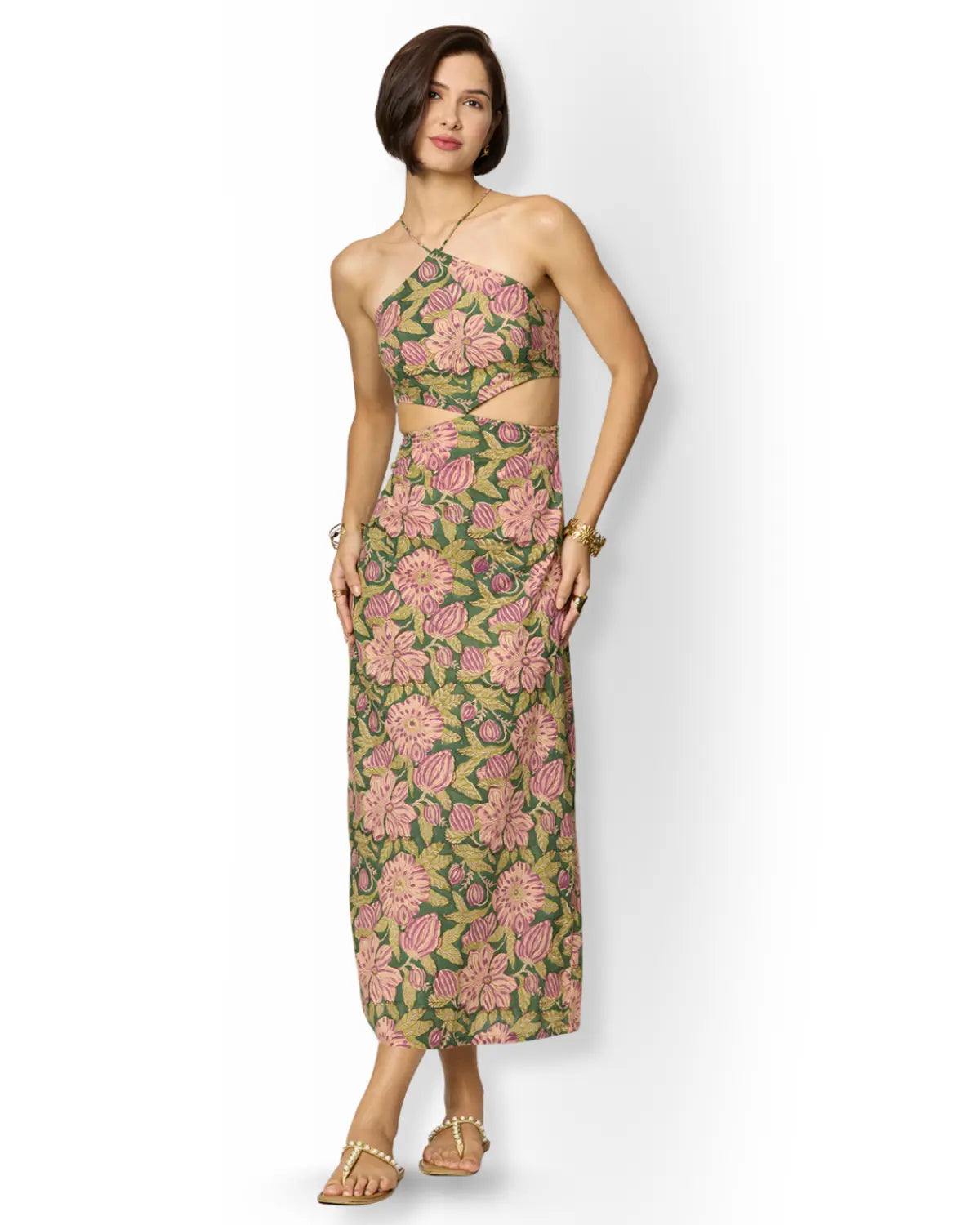 Olive Green and Purple Floral Printed Maxi Dress with Tie up Detailing and Slit Beat the October Heat