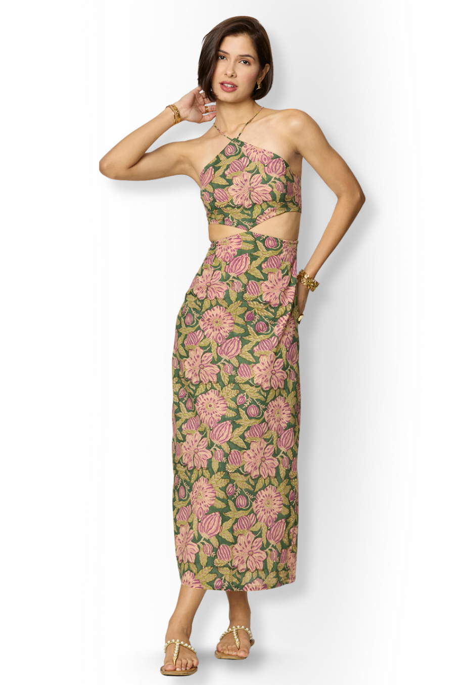 Olive Green and Purple Floral Printed Maxi Dress