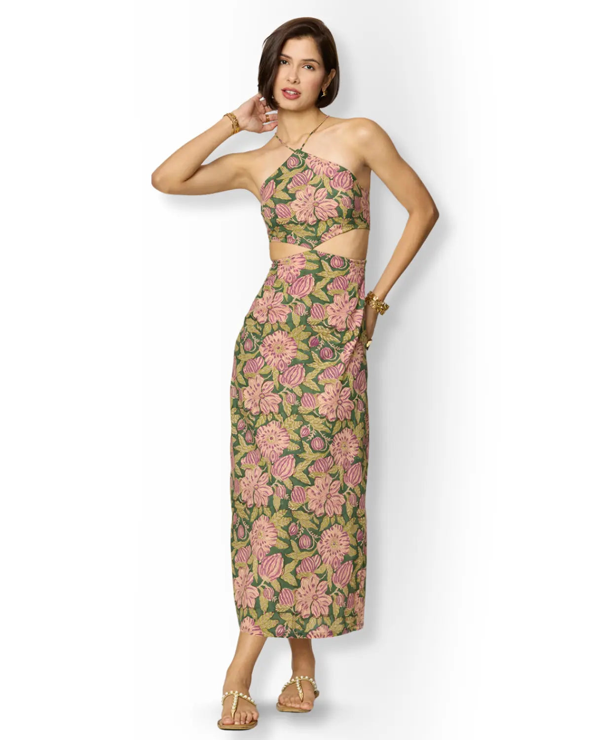 Olive Green and Purple Floral Printed Maxi Dress with Tie up Detailing and Slit Beat the October Heat