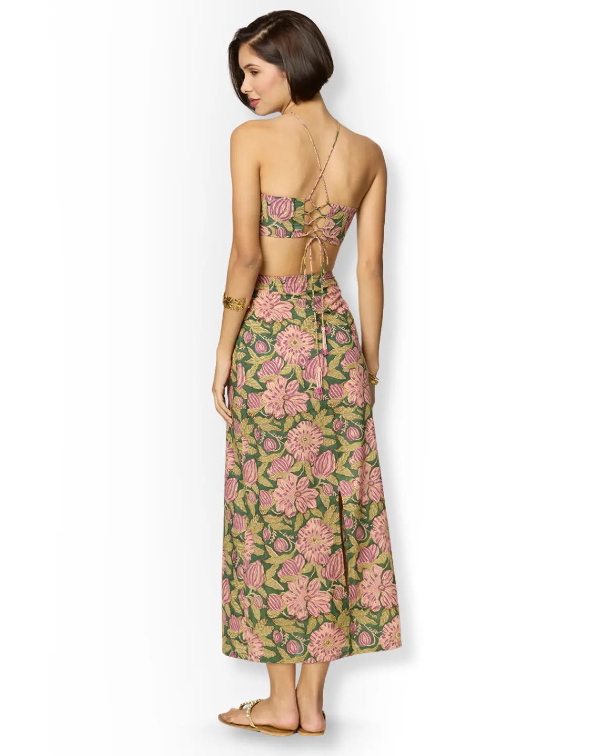 Olive Green and Purple Floral Printed Maxi Dress with Tie up Detailing and Slit Beat the October Heat