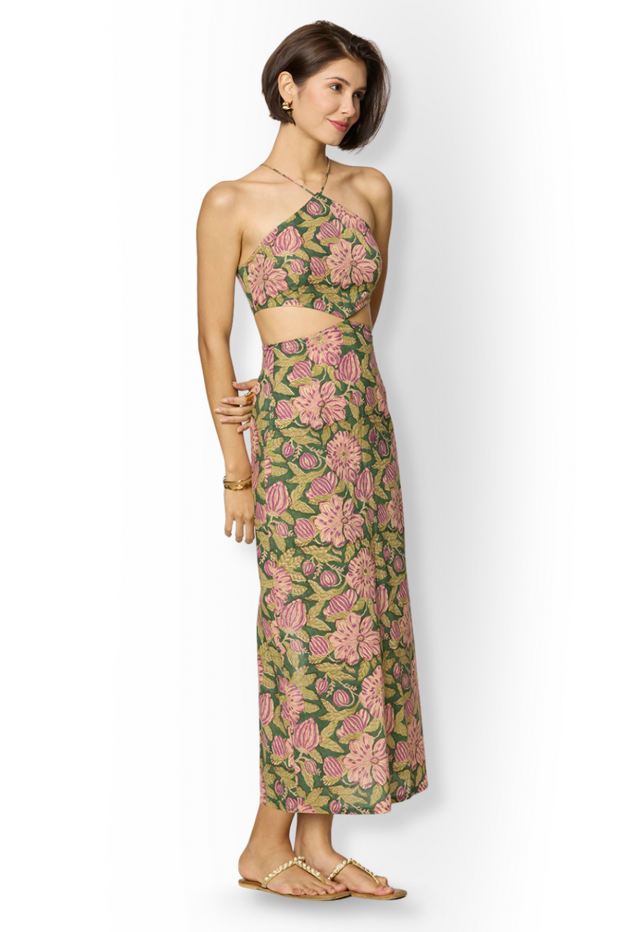 Olive Green and Purple Floral Printed Maxi Dress