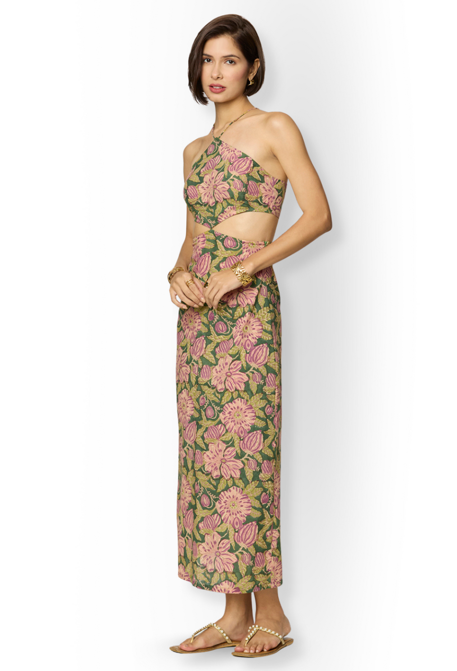 Olive Green and Purple Floral Printed Maxi Dress