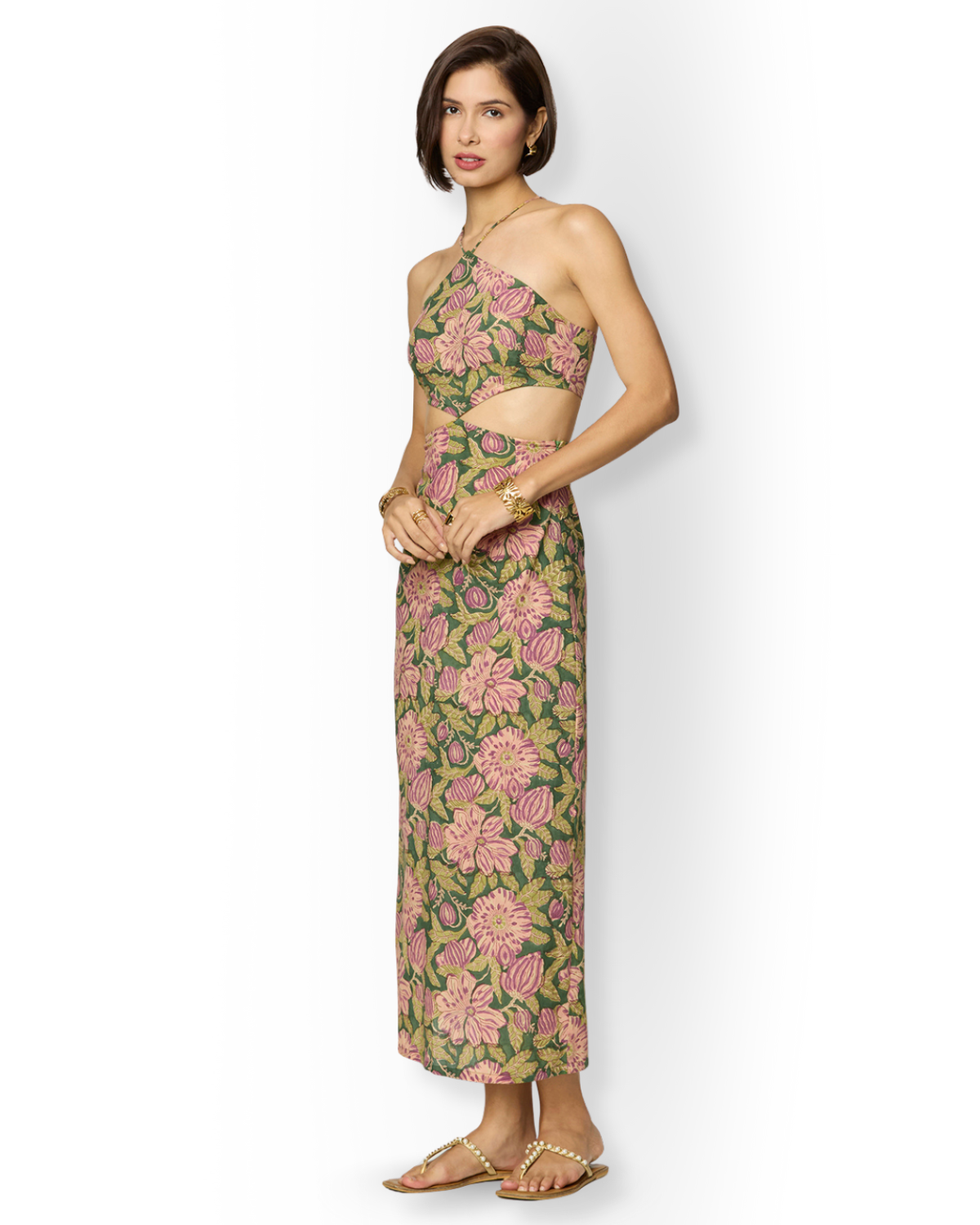 Olive Green and Purple Floral Printed Maxi Dress