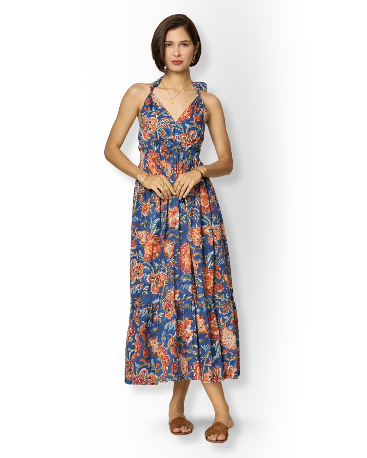 Blue and Orange Floral Printed Dress