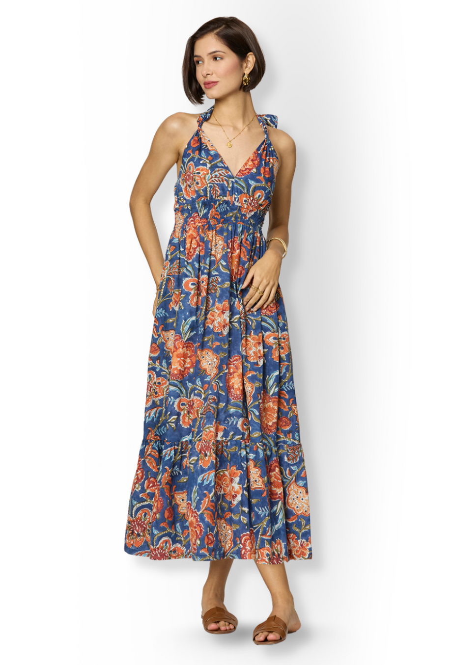 Blue and Orange Floral Printed Dress