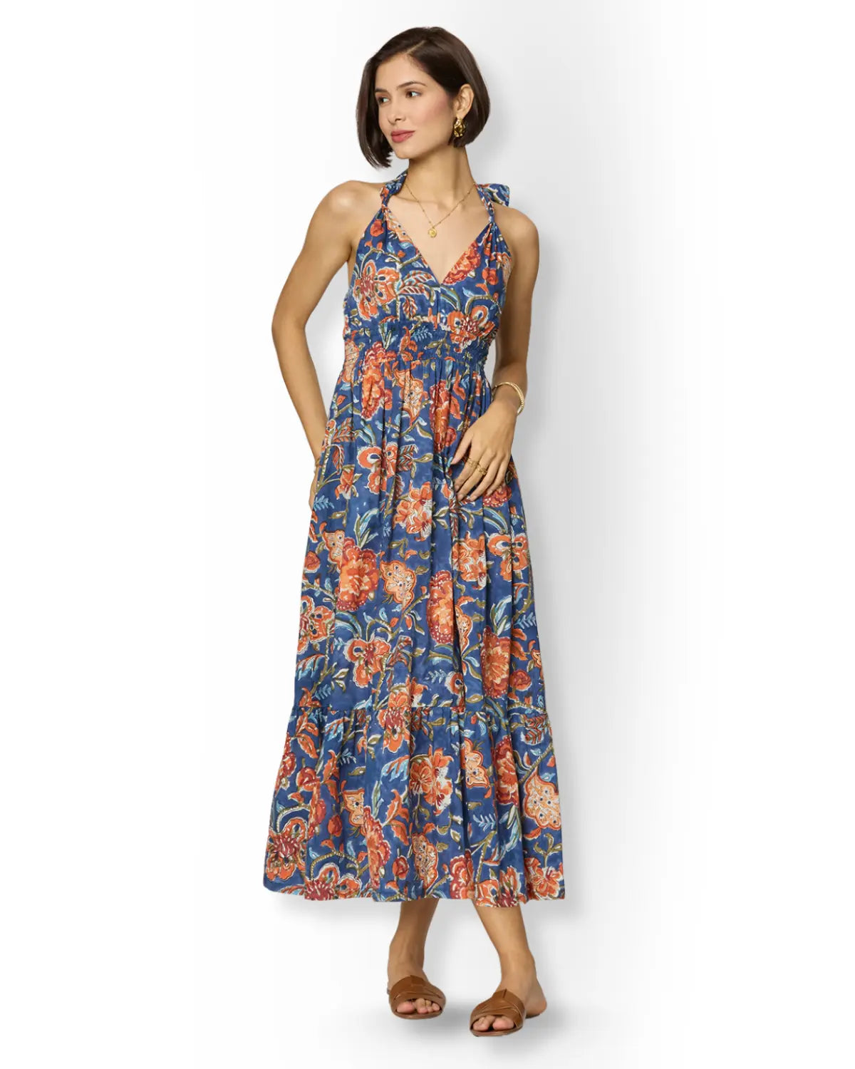 Blue and Orange Floral Printed Maxi Dress Beat the October Heat