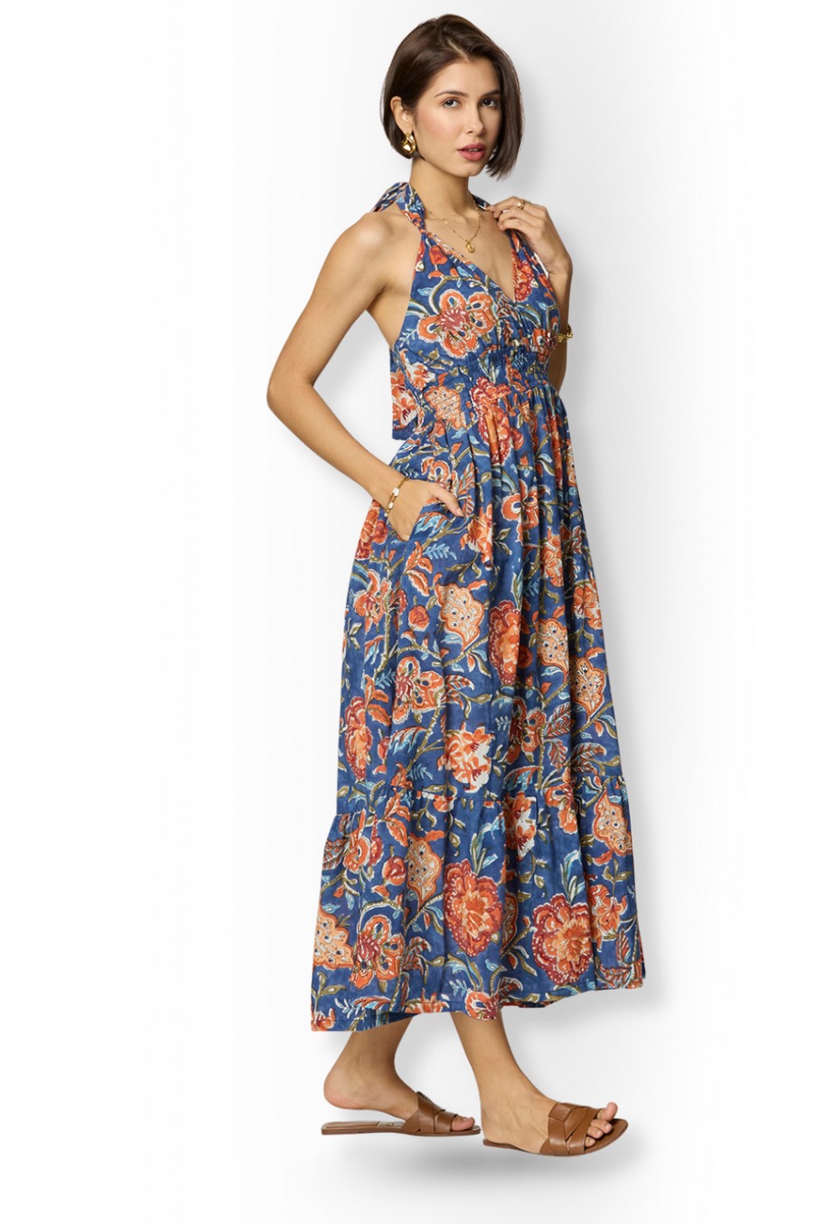 Blue and Orange Floral Printed Dress