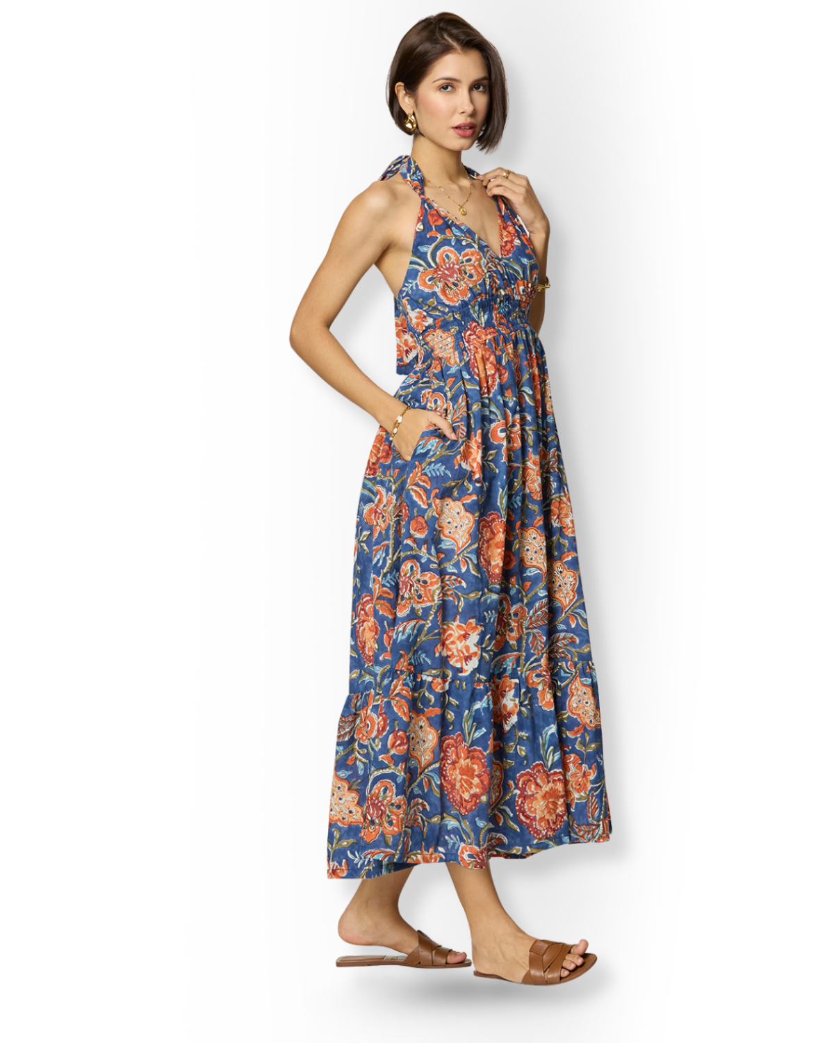 Blue and Orange Floral Printed Dress