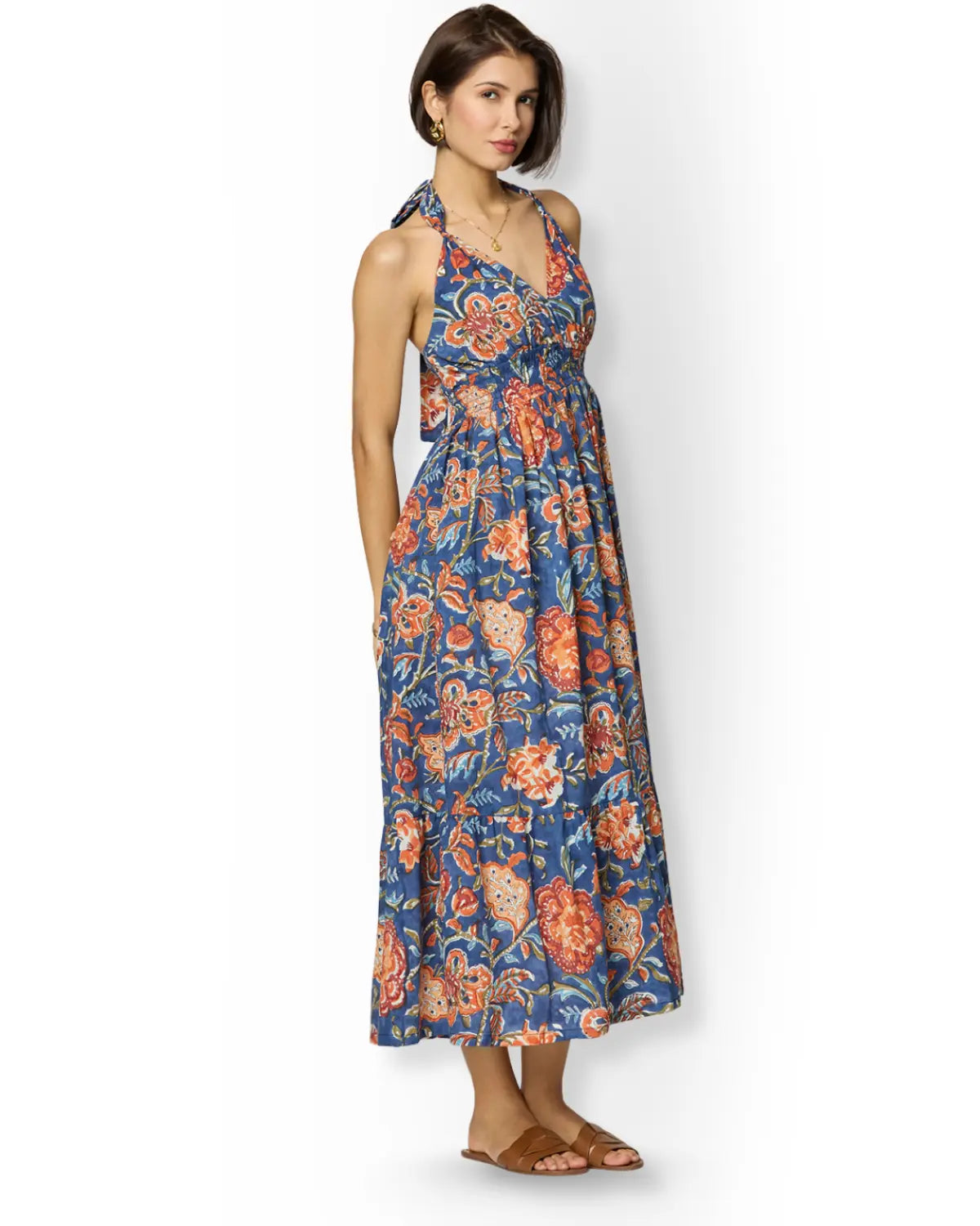 Blue and Orange Floral Printed Maxi Dress Beat the October Heat
