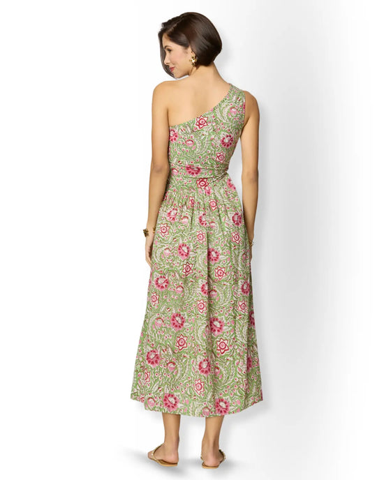 Asymmetrical Green Floral One Shoulder Maxi Dress with Slit Beat the October Heat