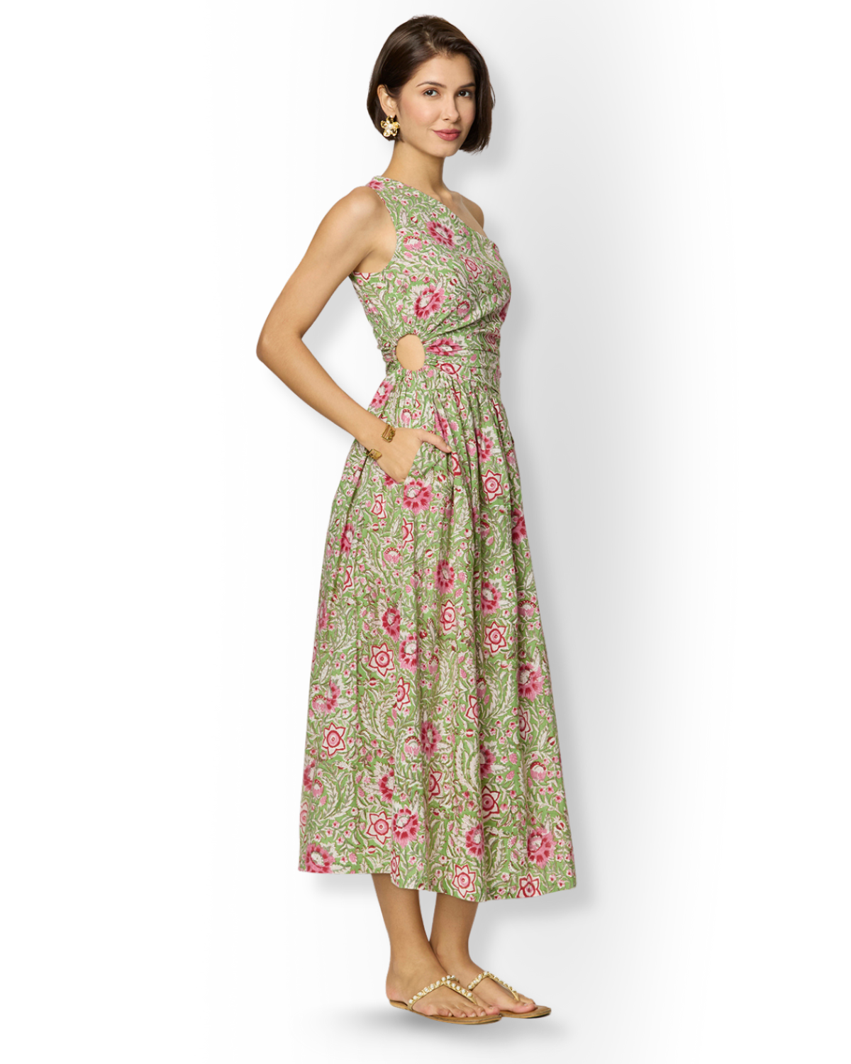 Asymmetrical Green Floral Slit Dress