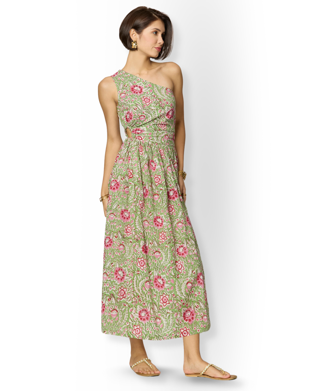 Asymmetrical Green Floral Slit Dress