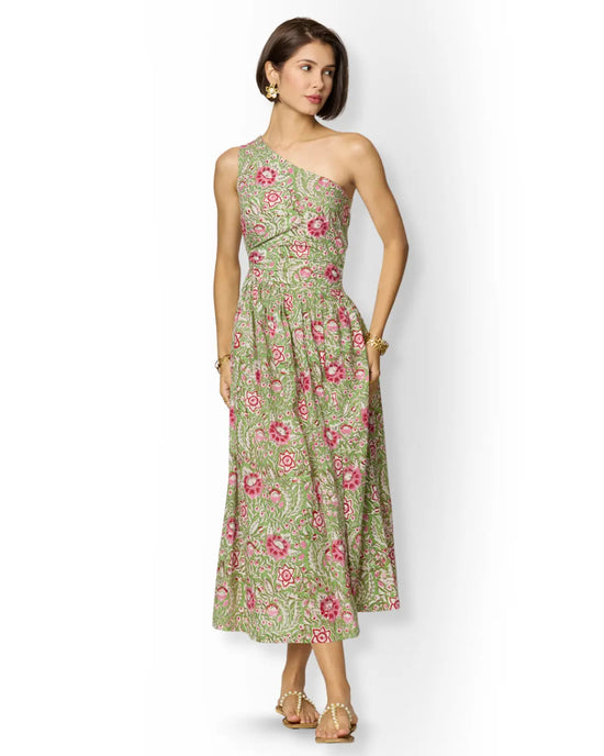 Asymmetrical Green Floral One Shoulder Maxi Dress with Slit Beat the October Heat