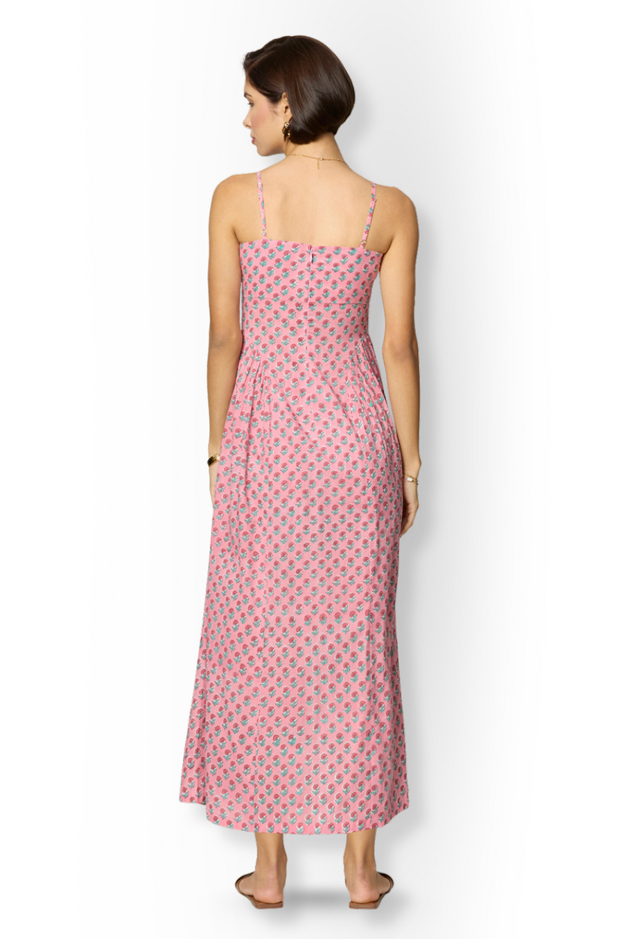 Pink Floral Side-Gathered Maxi Dress with Spaghetti Straps