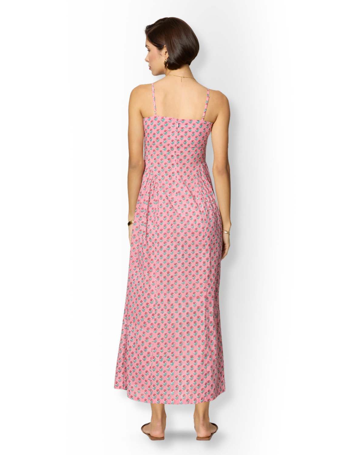 Pink Floral Side-Gathered Maxi Dress with Spaghetti Straps